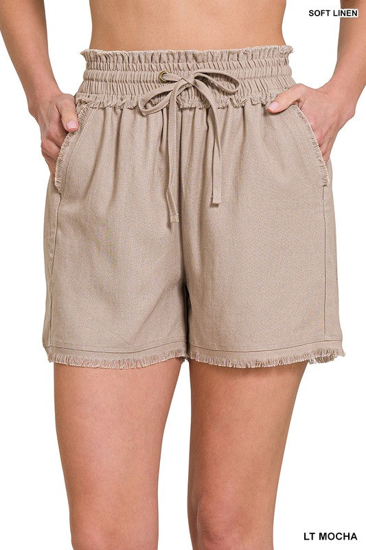 LINEN FRAYED HEM DRAWSTRING SHORTS WITH POCKETS