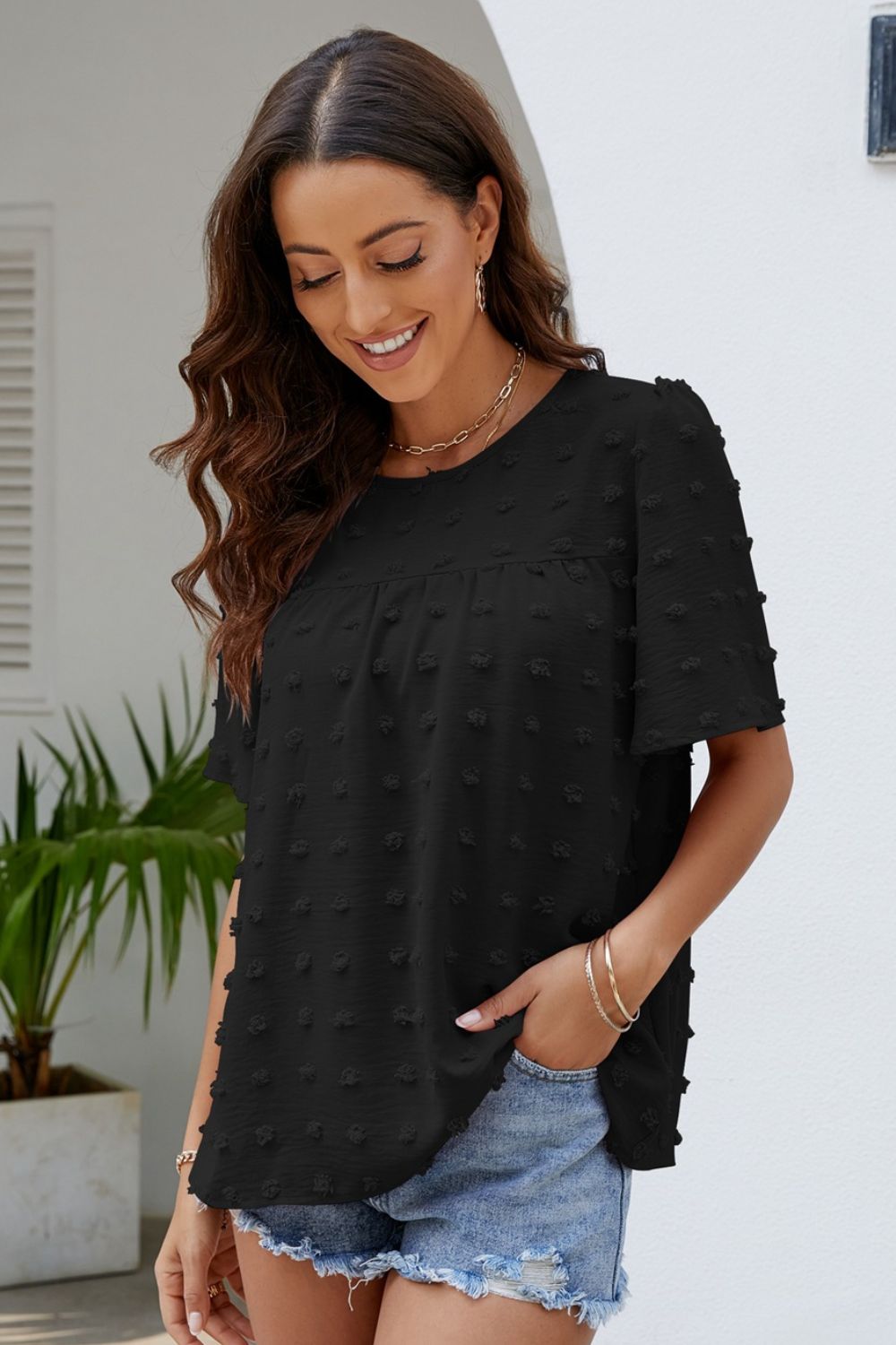 Blush Puff Sleeve Round Neck Blouse