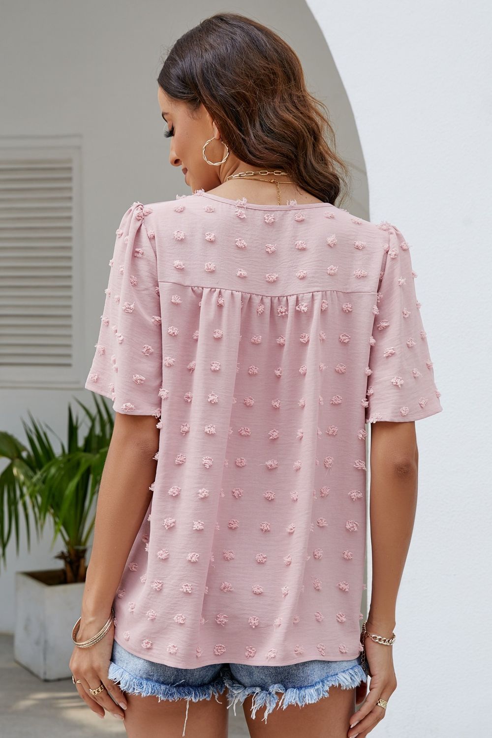 Blush Puff Sleeve Round Neck Blouse
