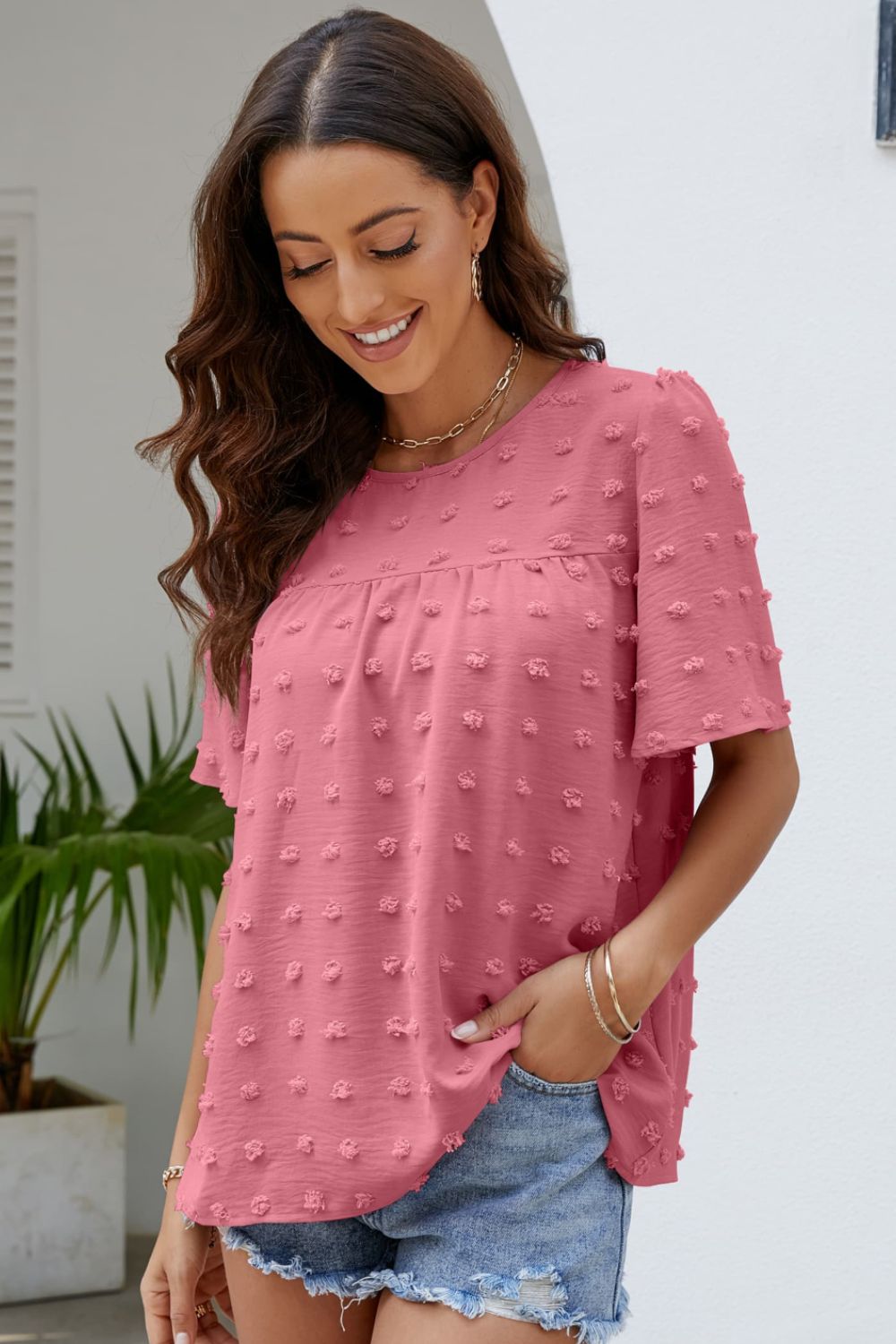 Blush Puff Sleeve Round Neck Blouse