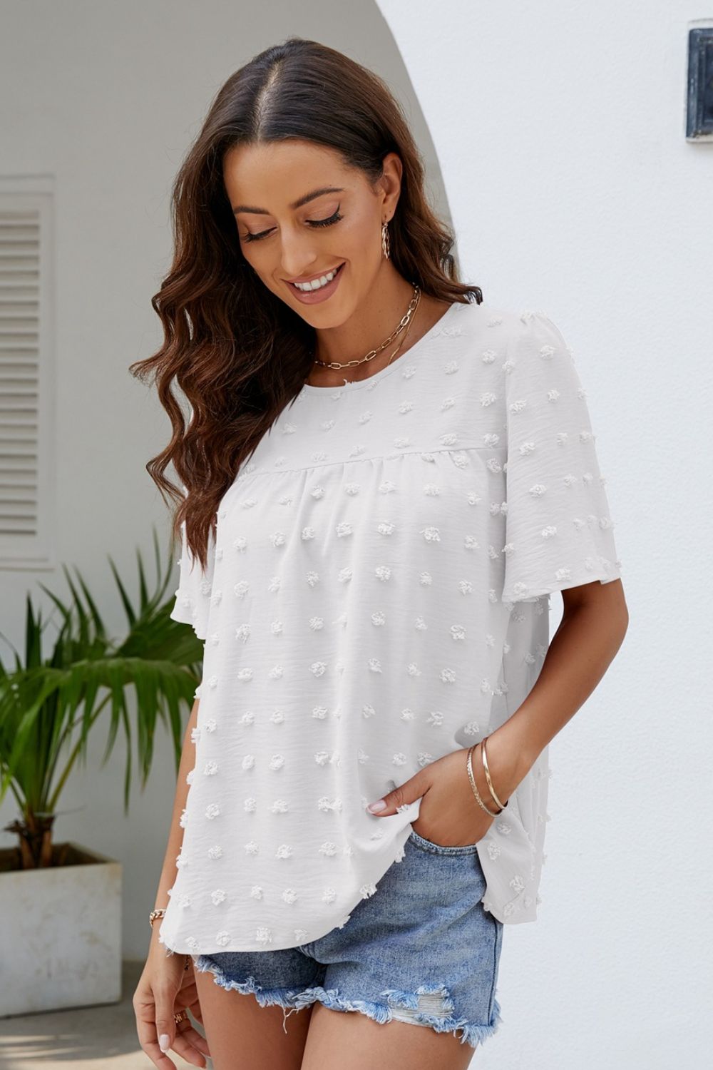 Blush Puff Sleeve Round Neck Blouse