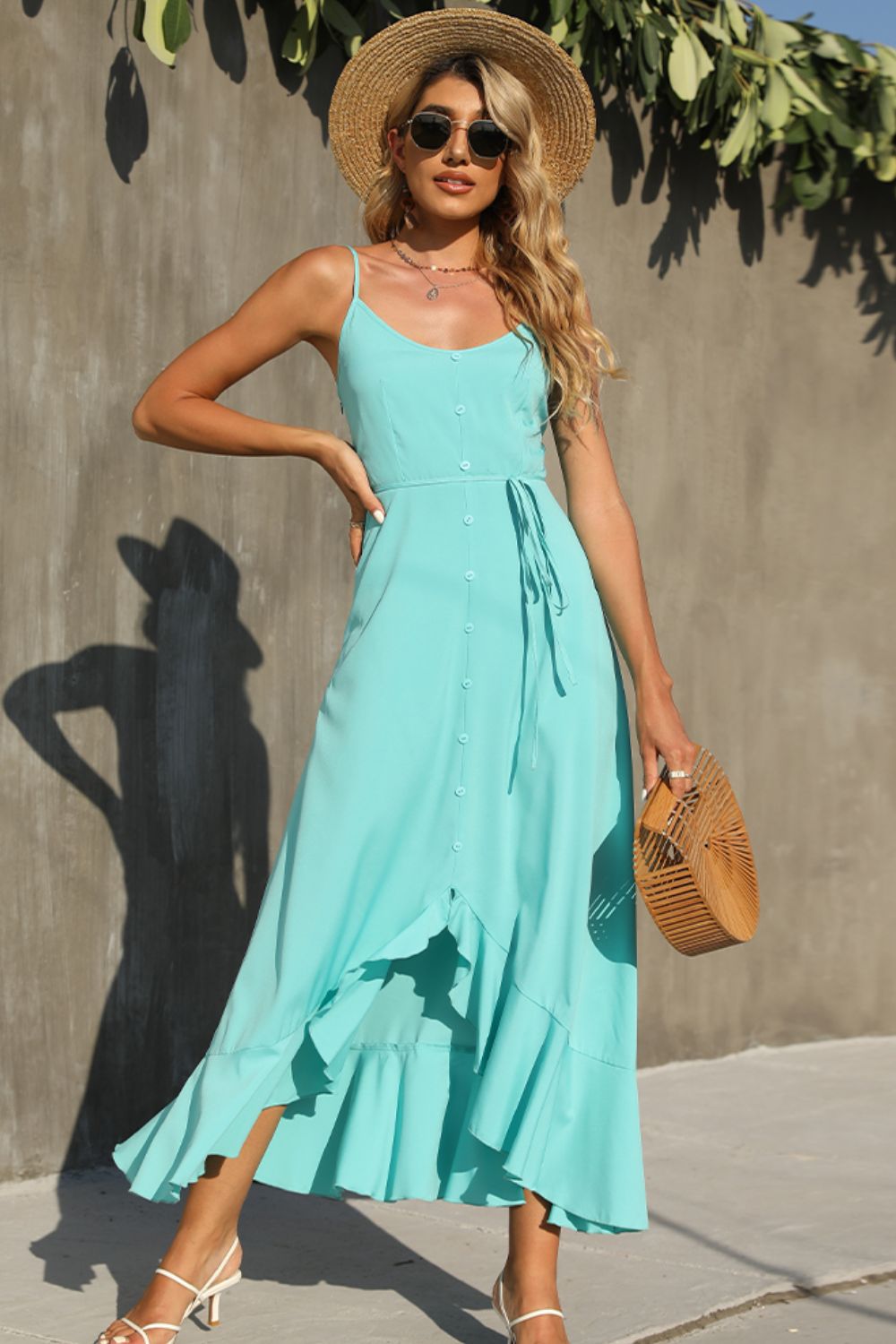 Coastal Water Spaghetti Strap Ruffle Hem Dress