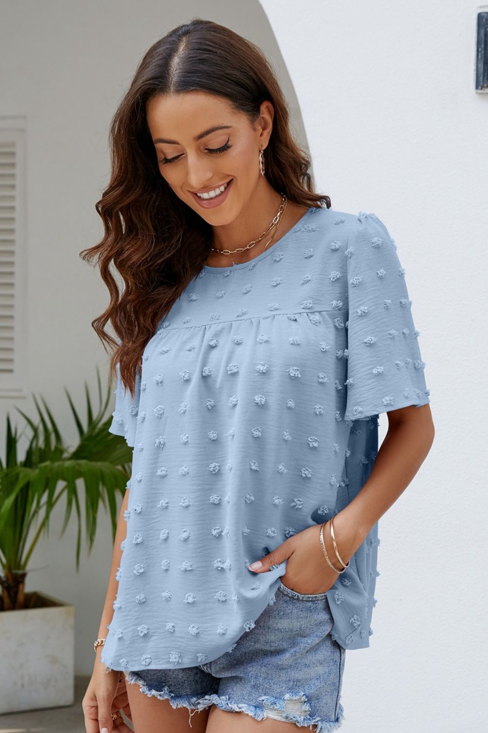 Blush Puff Sleeve Round Neck Blouse