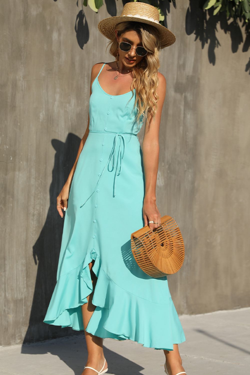 Coastal Water Spaghetti Strap Ruffle Hem Dress