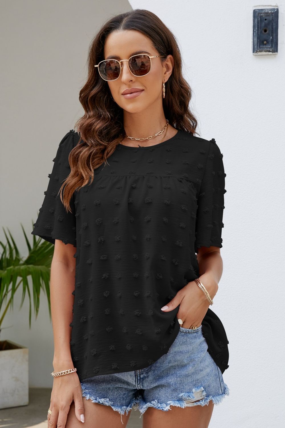 Blush Puff Sleeve Round Neck Blouse