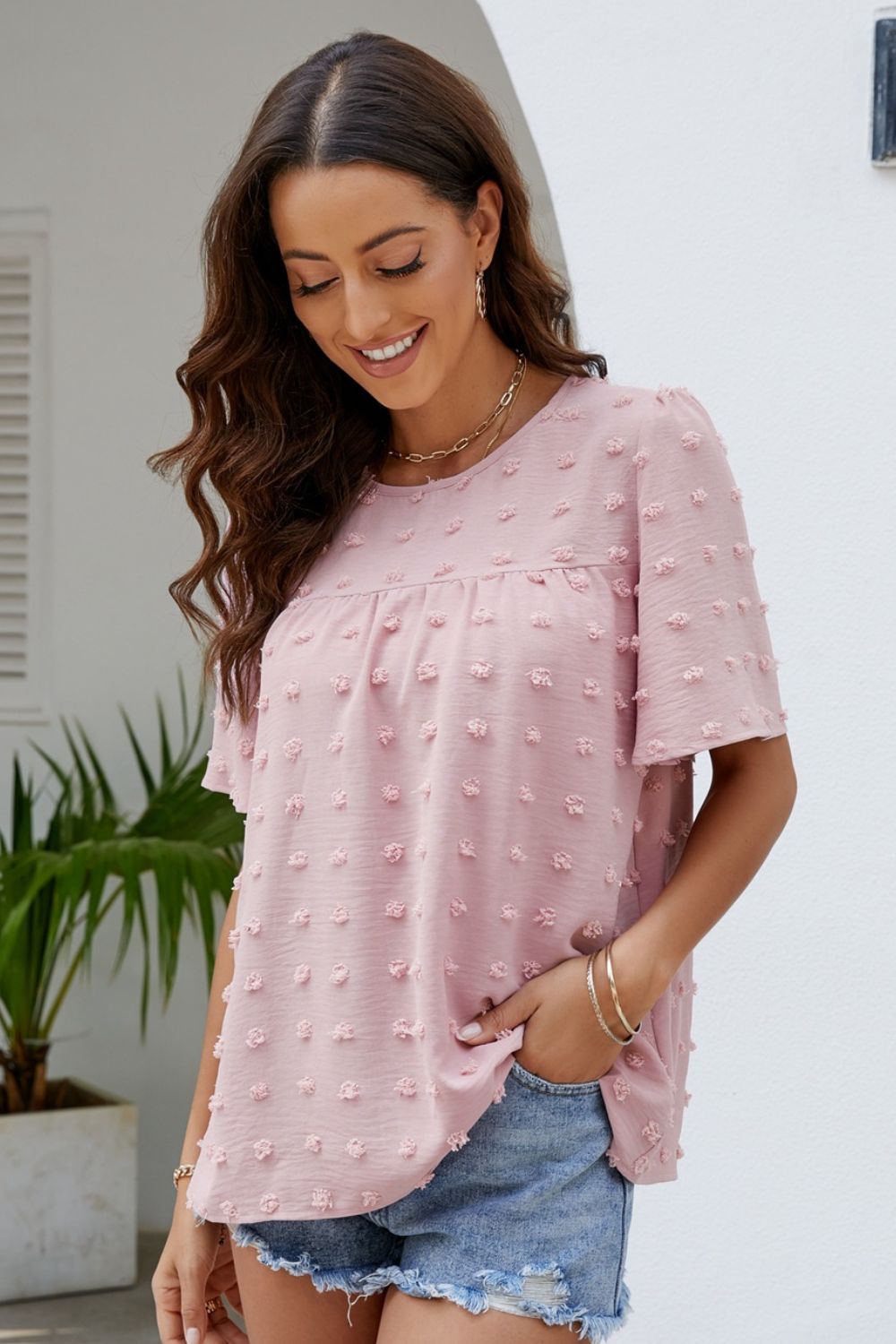 Blush Puff Sleeve Round Neck Blouse