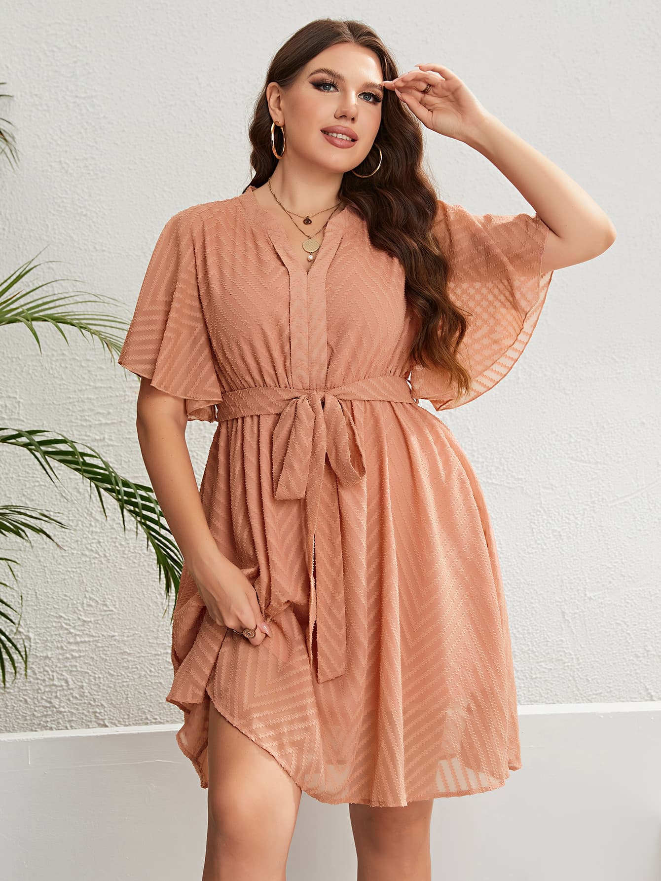 Curves Tie Waist Notched Neck Flutter Sleeve Dress
