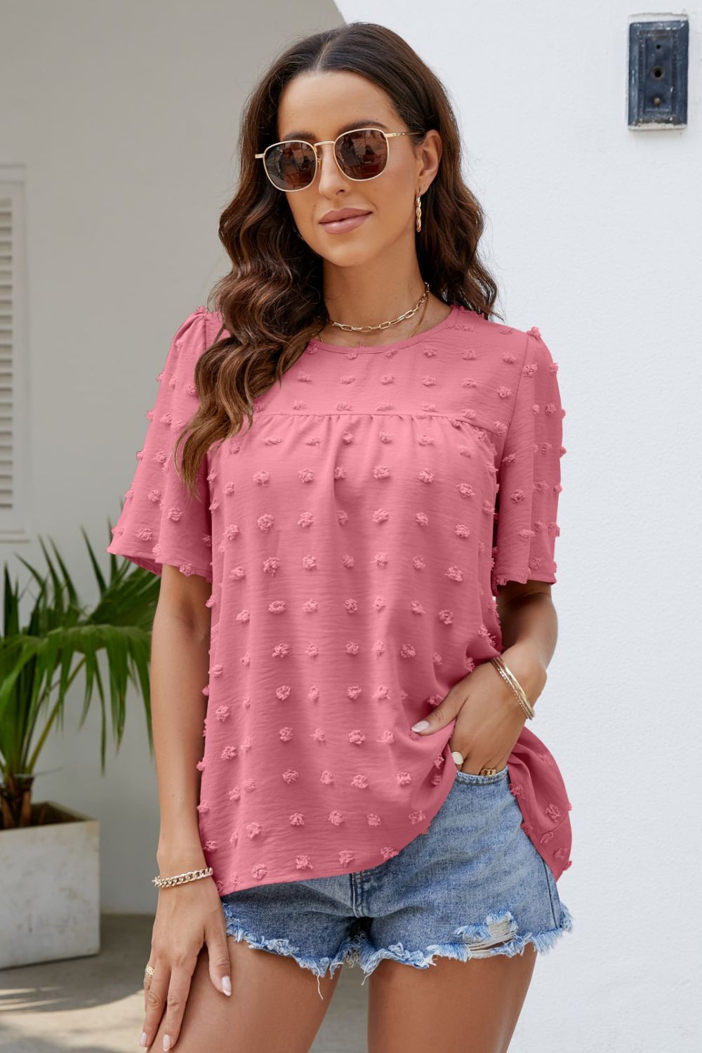 Blush Puff Sleeve Round Neck Blouse