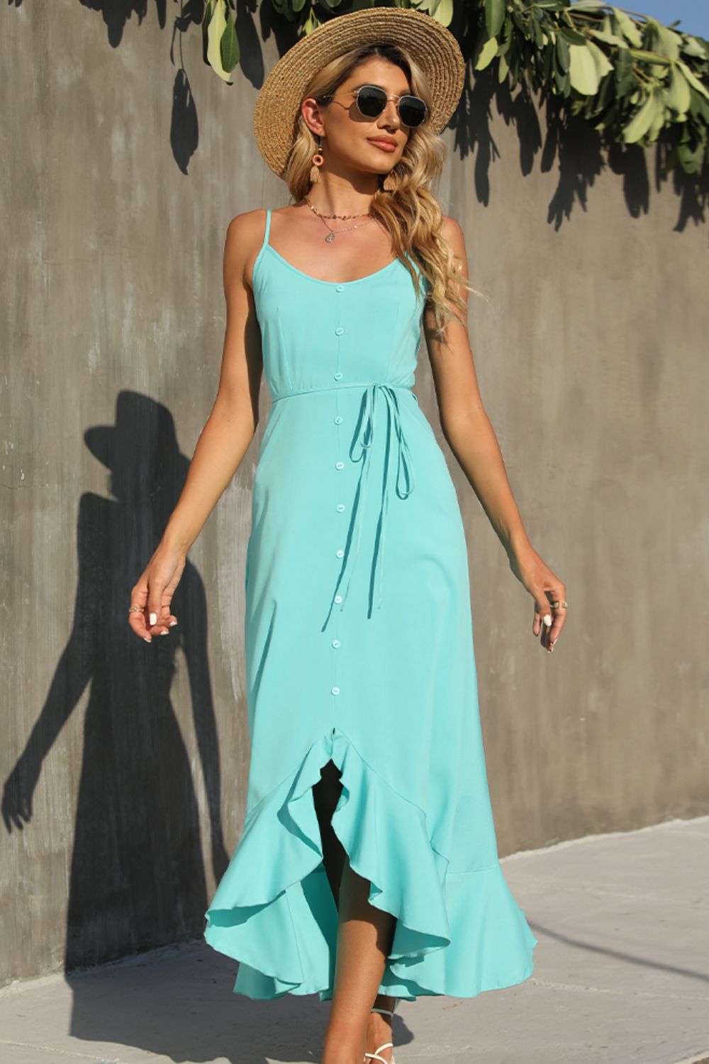 Coastal Water Spaghetti Strap Ruffle Hem Dress