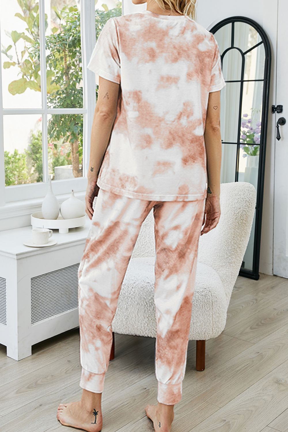 Splash Tie-Dye Round Neck Short Sleeve Top and Pants Lounge Set