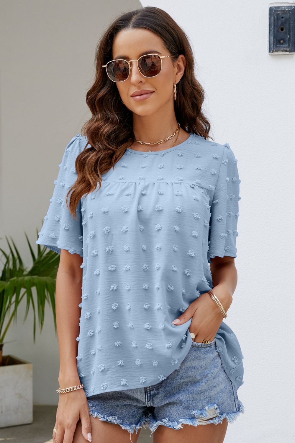 Blush Puff Sleeve Round Neck Blouse