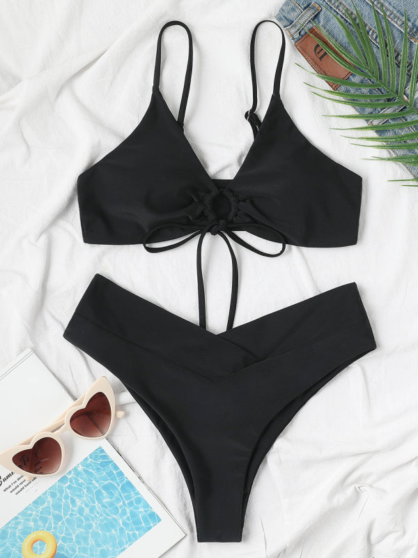 Solid Color Textured Underwire Bikini And Button Set