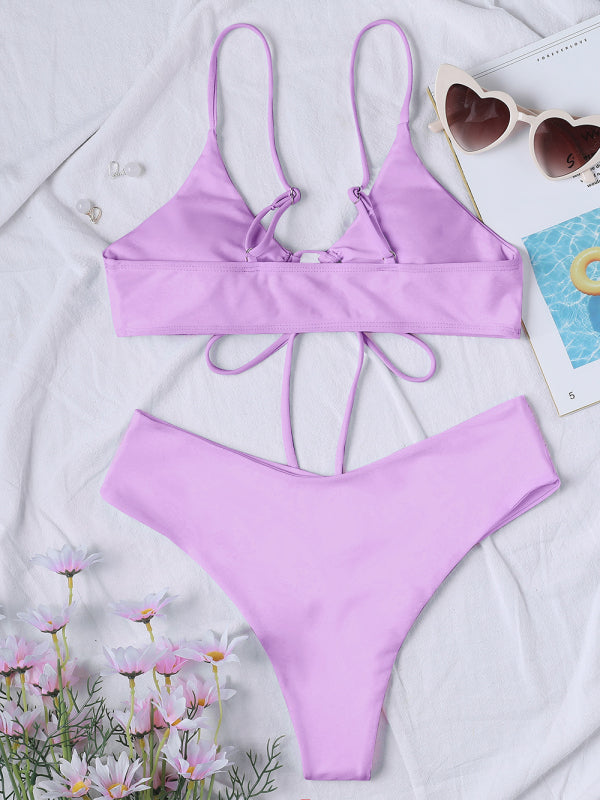 Solid Color Textured Underwire Bikini And Button Set