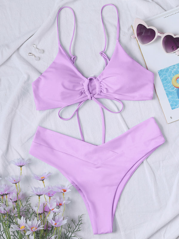 Solid Color Textured Underwire Bikini And Button Set