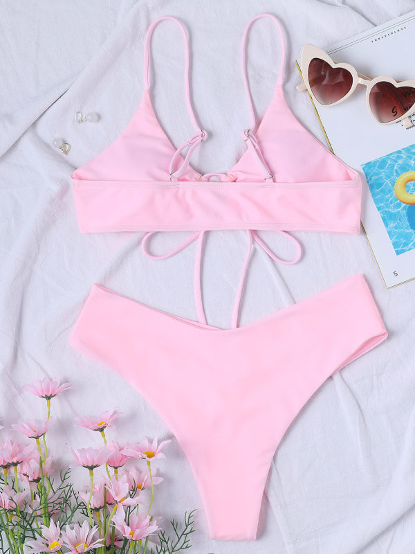 Solid Color Textured Underwire Bikini And Button Set