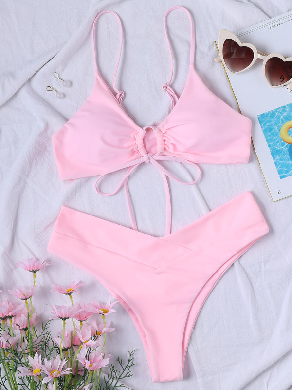 Solid Color Textured Underwire Bikini And Button Set