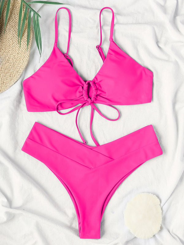 Solid Color Textured Underwire Bikini And Button Set