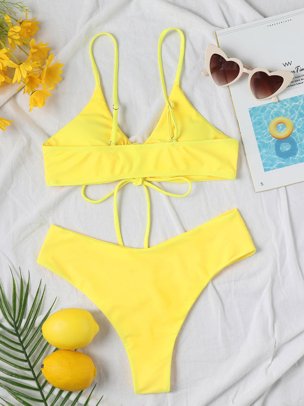 Solid Color Textured Underwire Bikini And Button Set