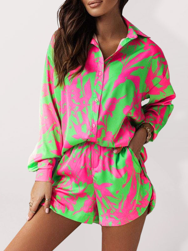 Island Bright Print Long Sleeve Notch Collar Top And Short Set