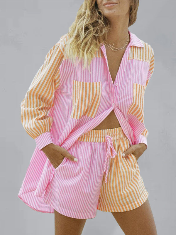 Coastal Stripe Shirt Matching Drawstring Shorts