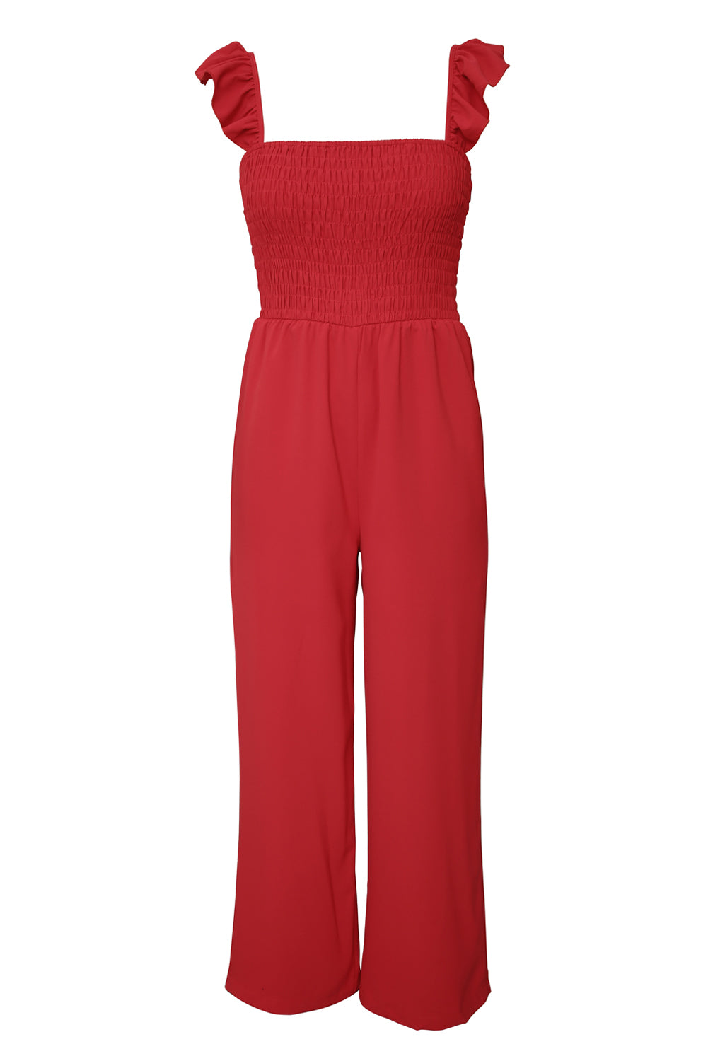 Ruffle Shoulder Smocked Pocket Jumpsuit