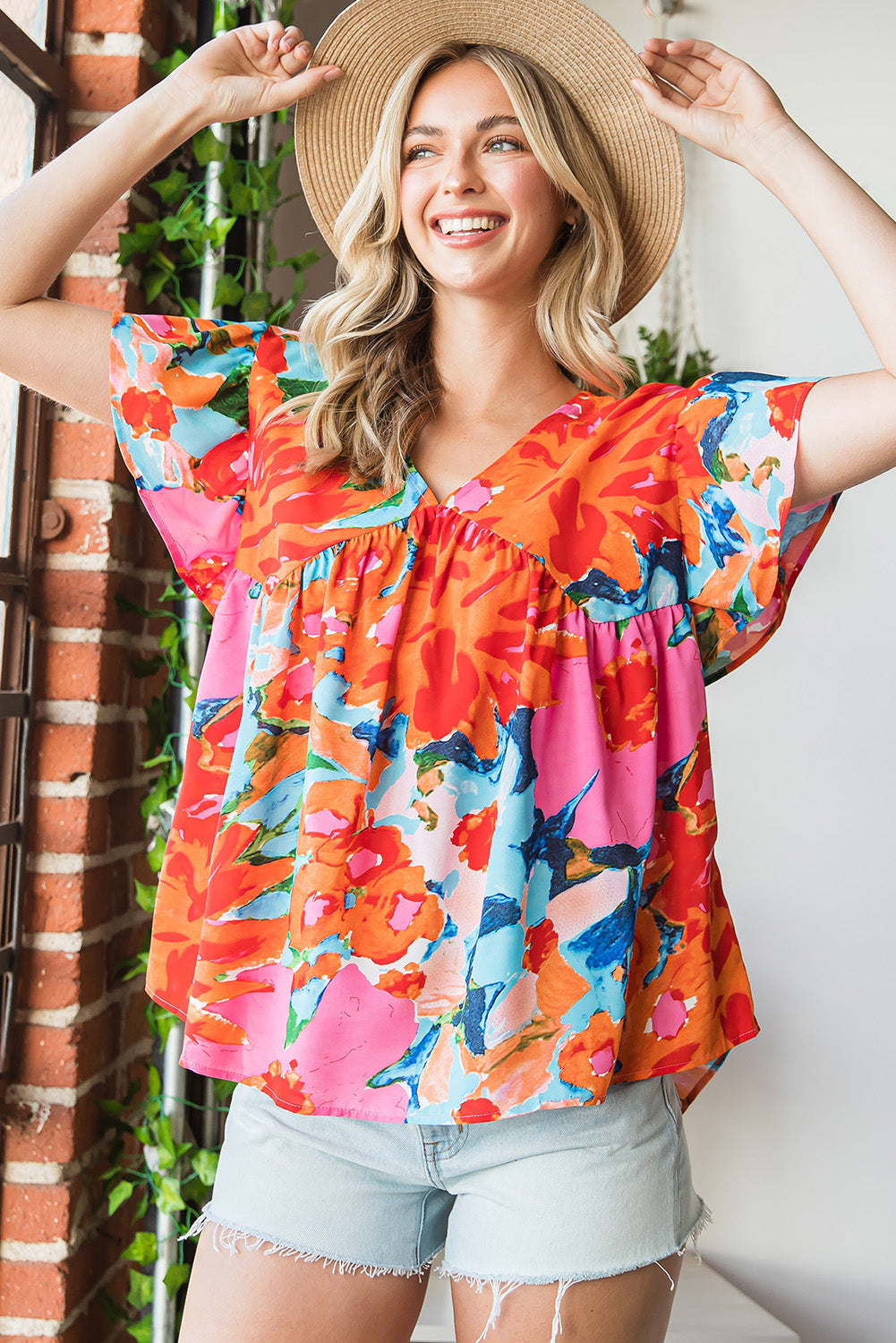 Floral V-Neck Short Sleeve Blouse