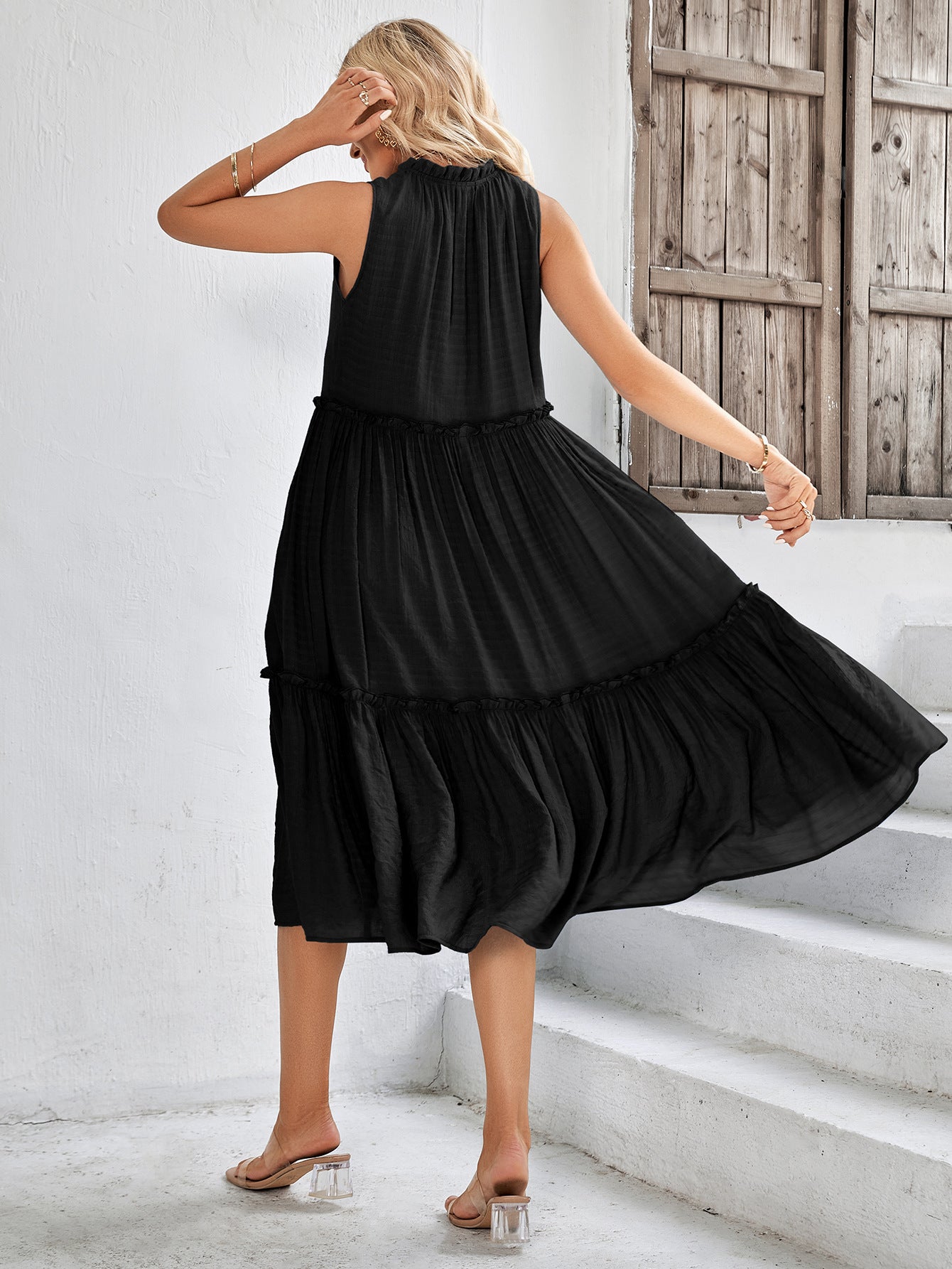 Tie Neck Frill Trim Sleeveless Dress