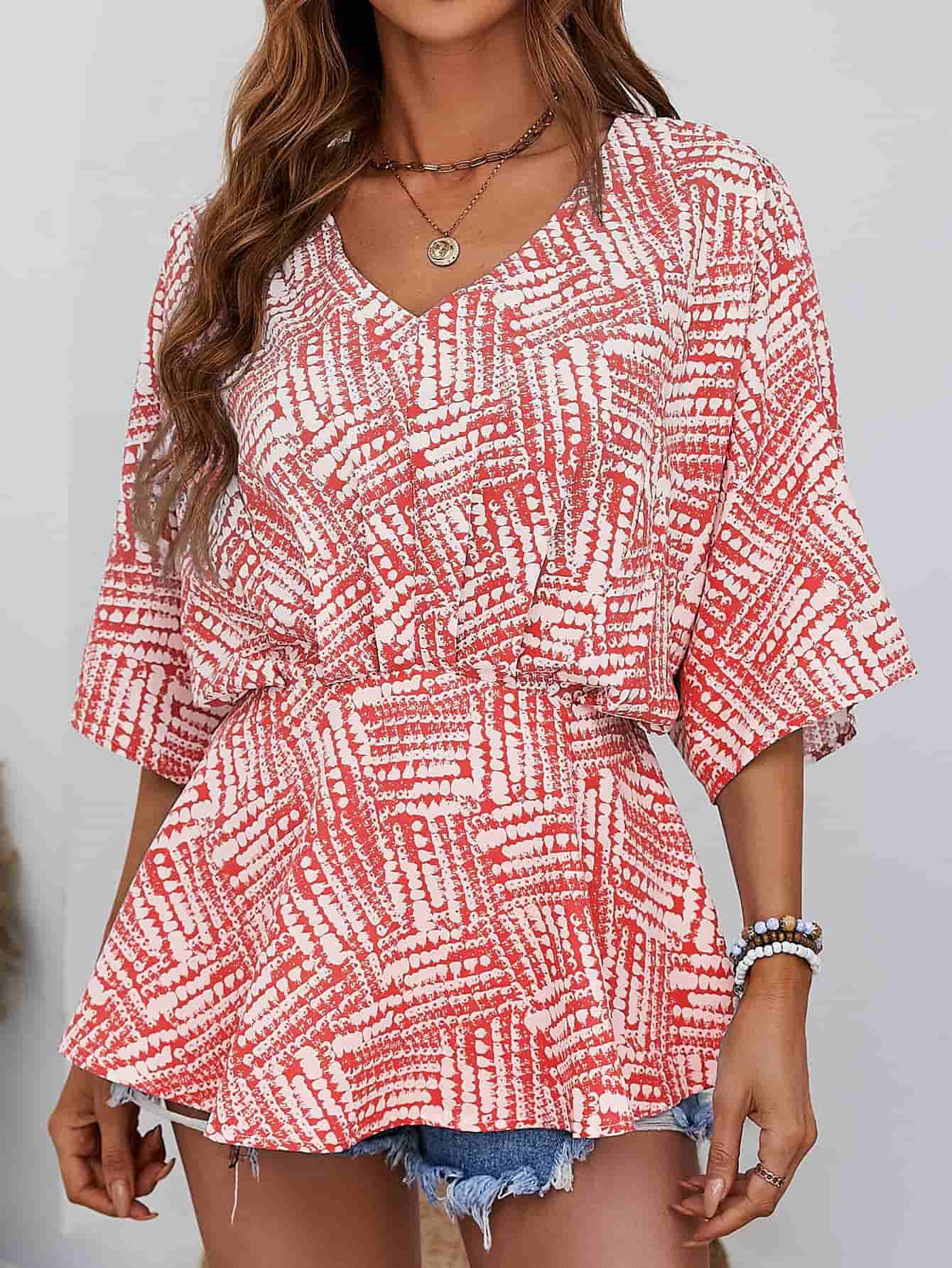 Printed V-Neck Dolman Sleeve Blouse