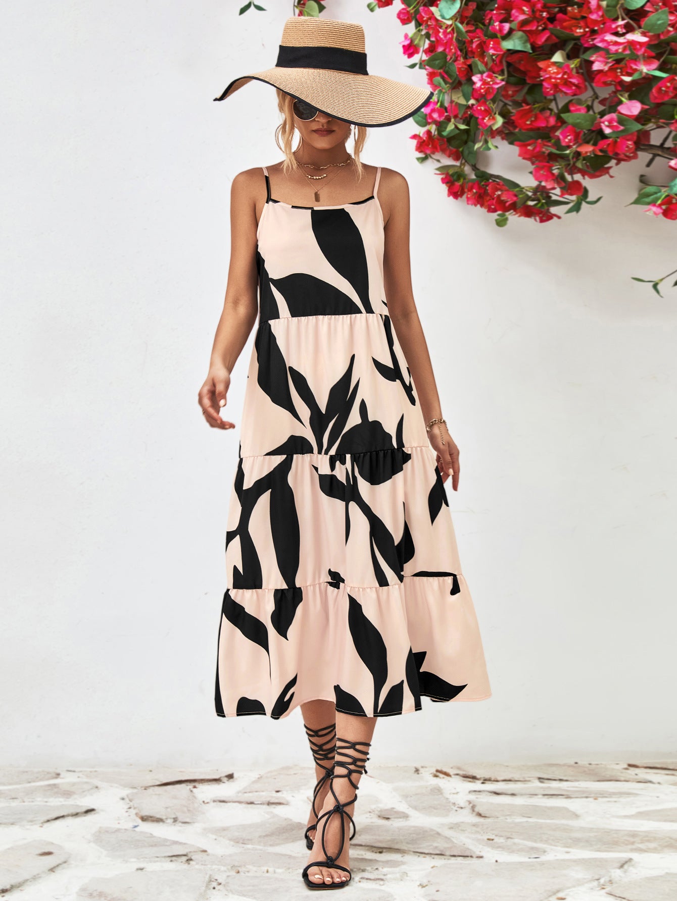 Printed Spaghetti Strap Tiered Midi Dress