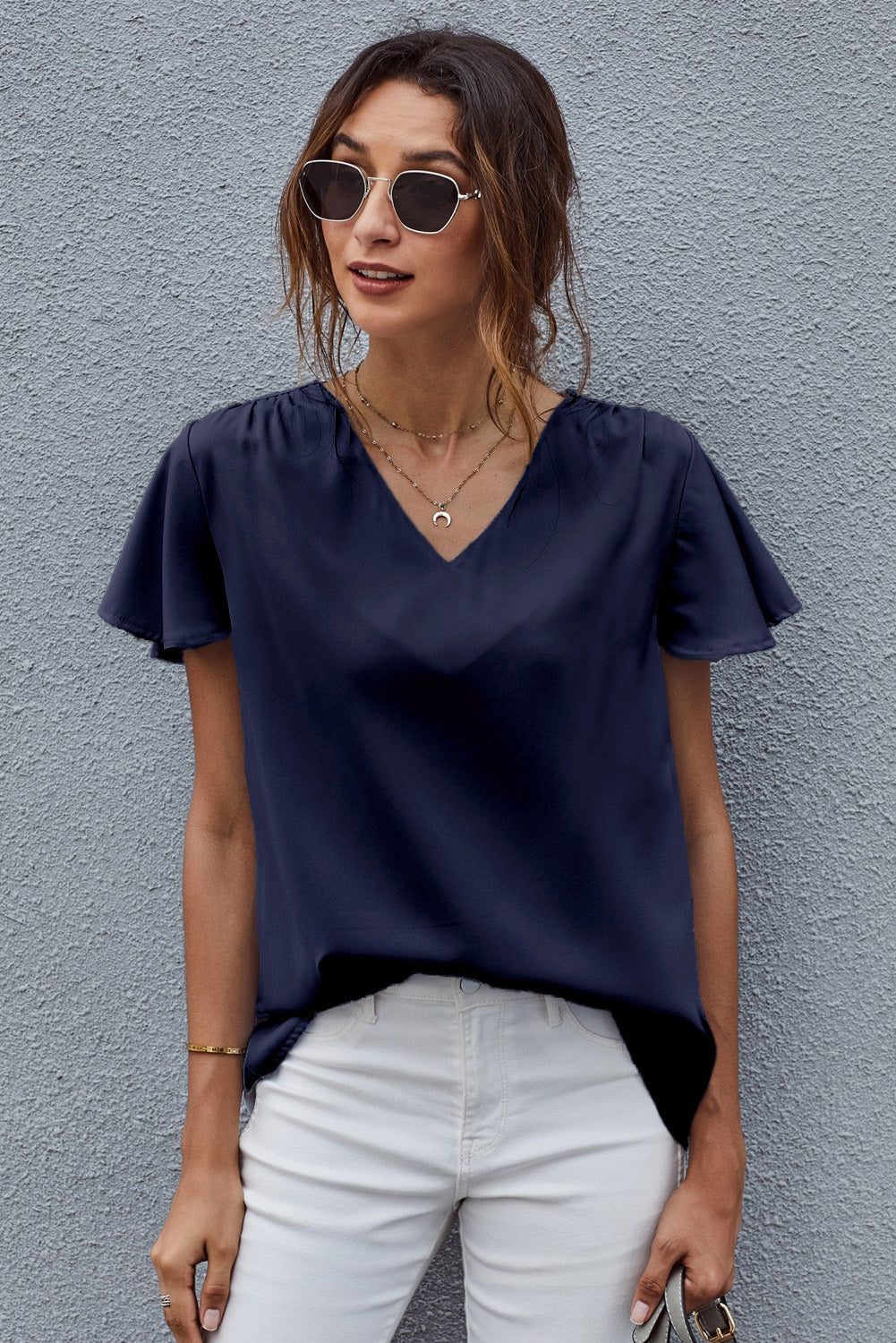 V-Neck Flutter Sleeve Blouse