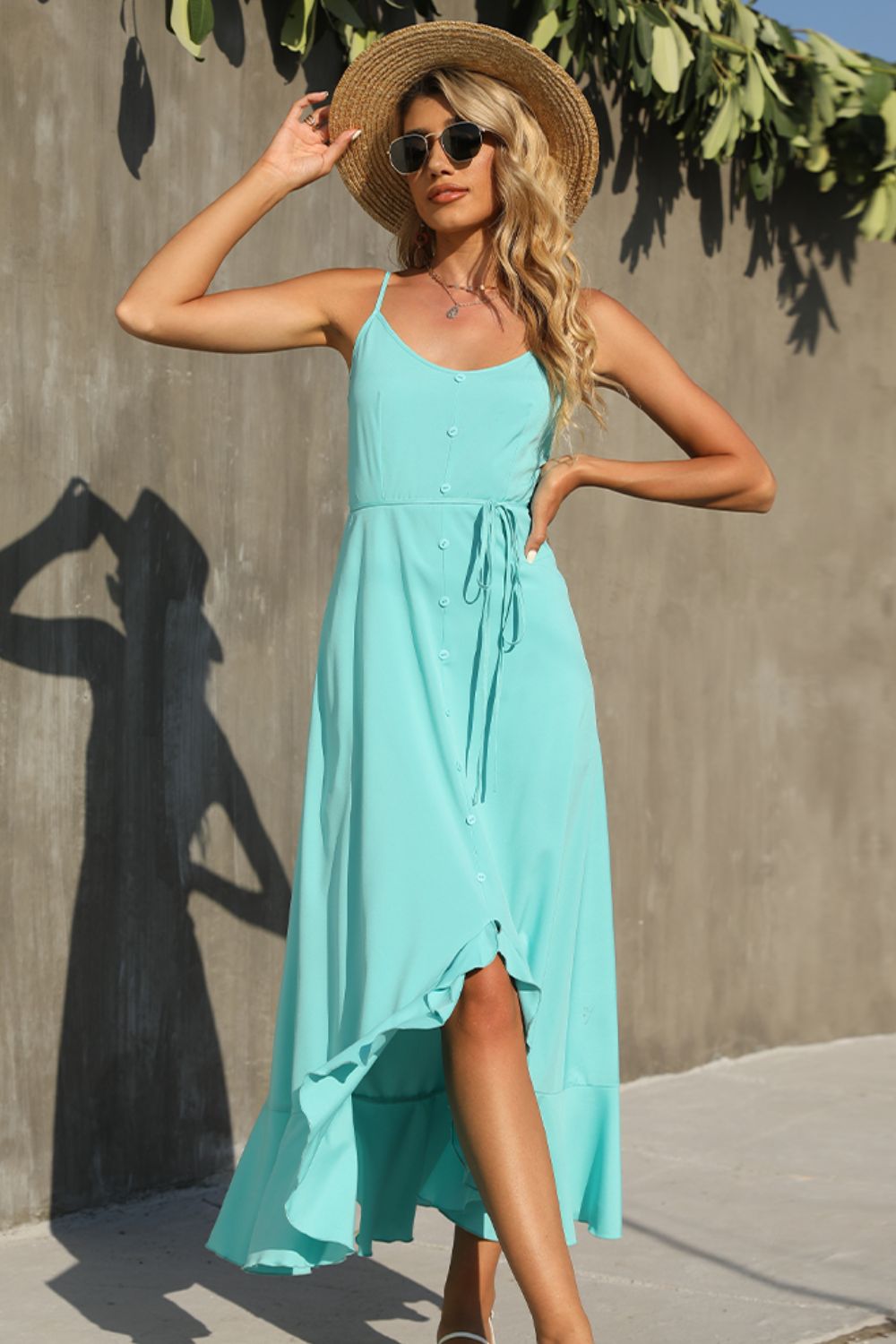 Coastal Water Spaghetti Strap Ruffle Hem Dress