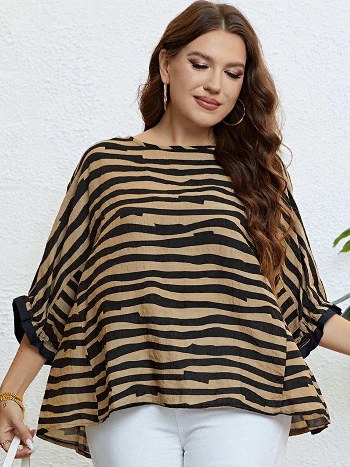 Curves Striped Three-Quarter Sleeve Boat Neck Top