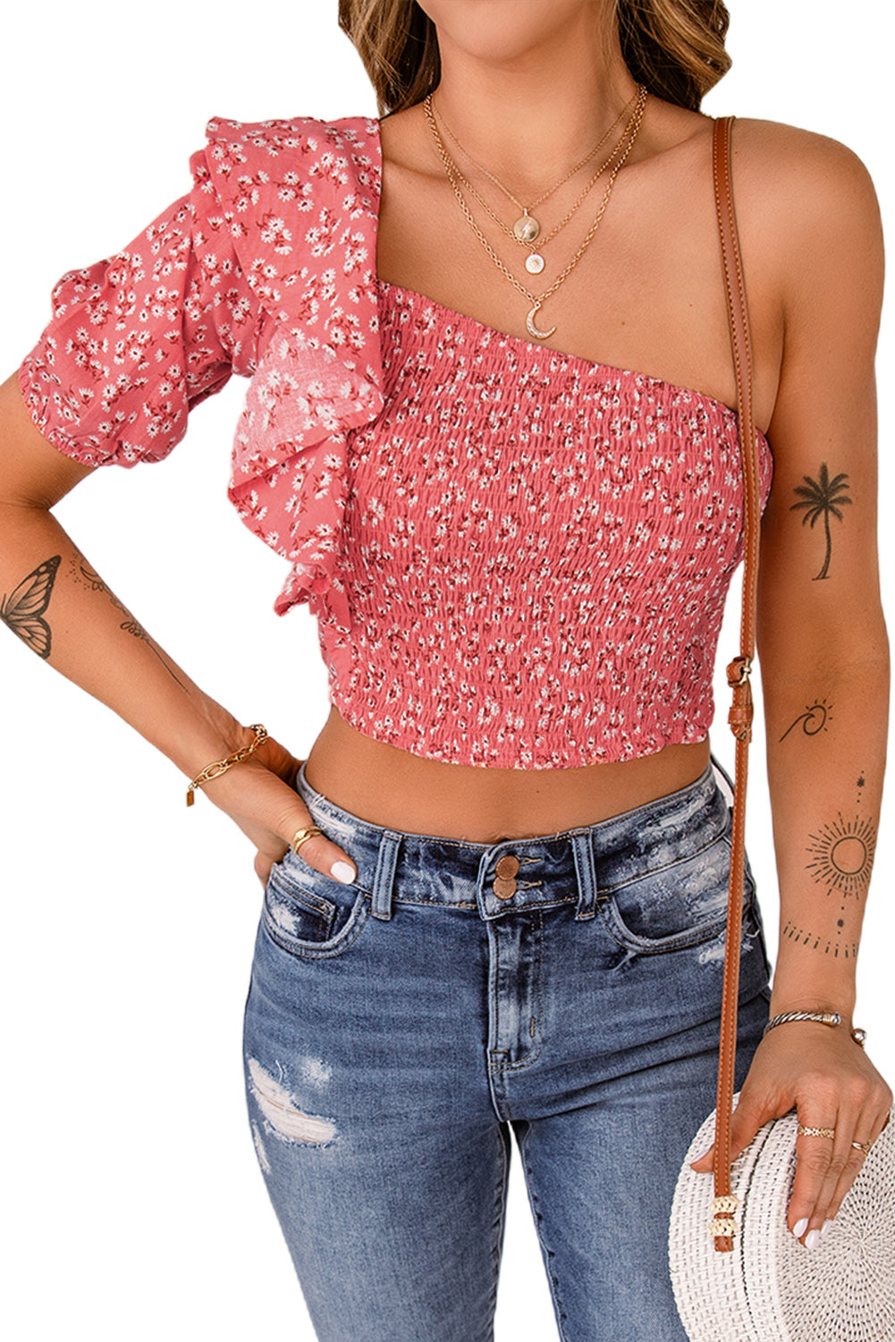 Floral Ruffled One-Shoulder Smocked Top