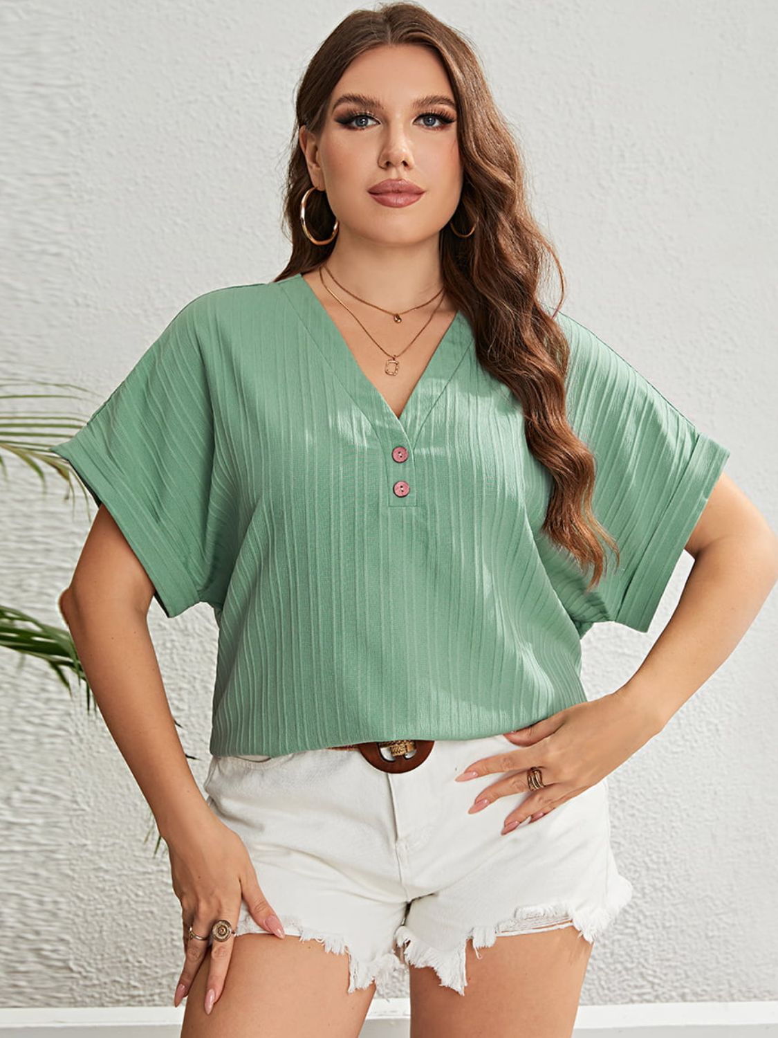 Curves Buttoned V-Neck Short Sleeve Top