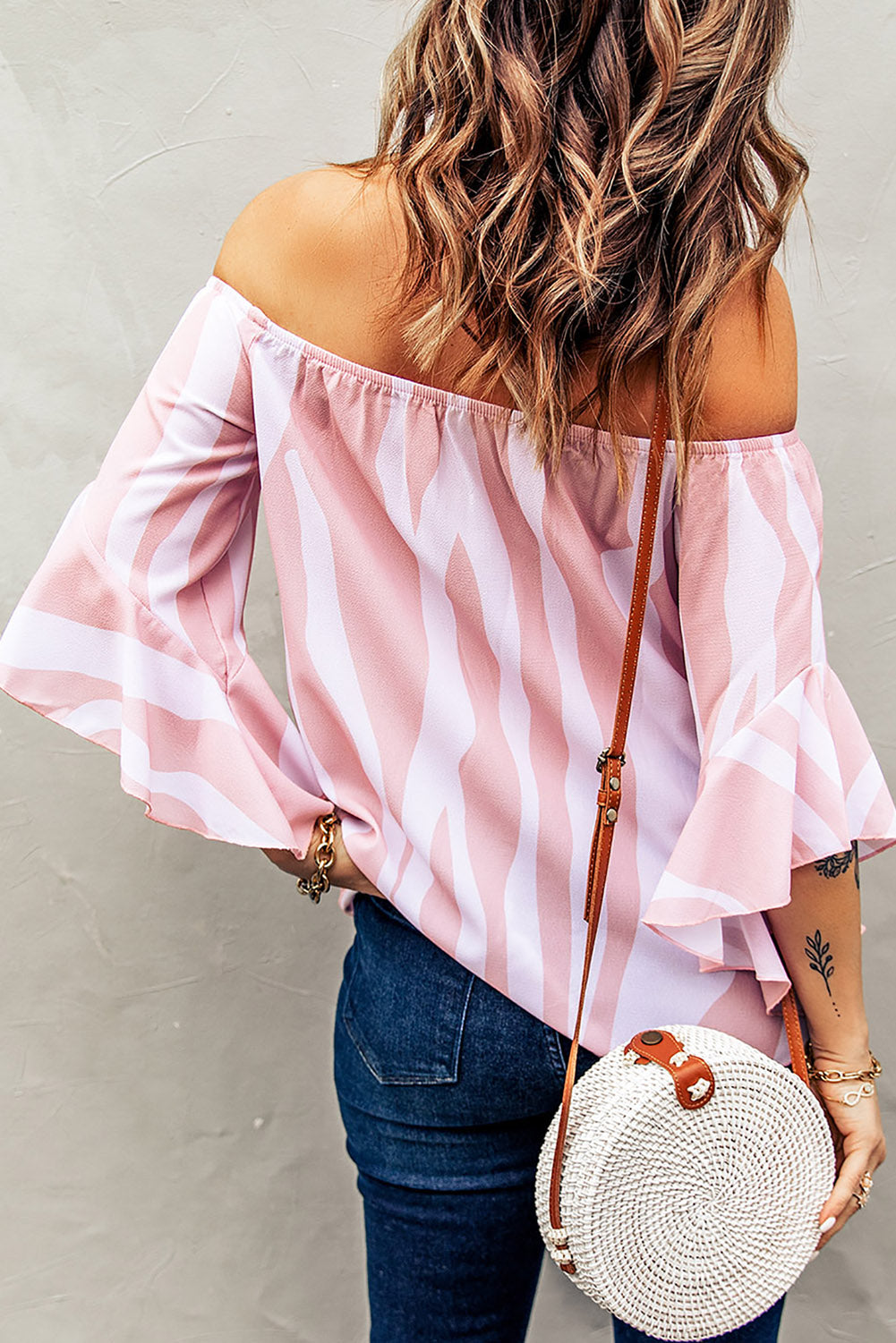 Pink Lines Flounce Sleeve Blouse