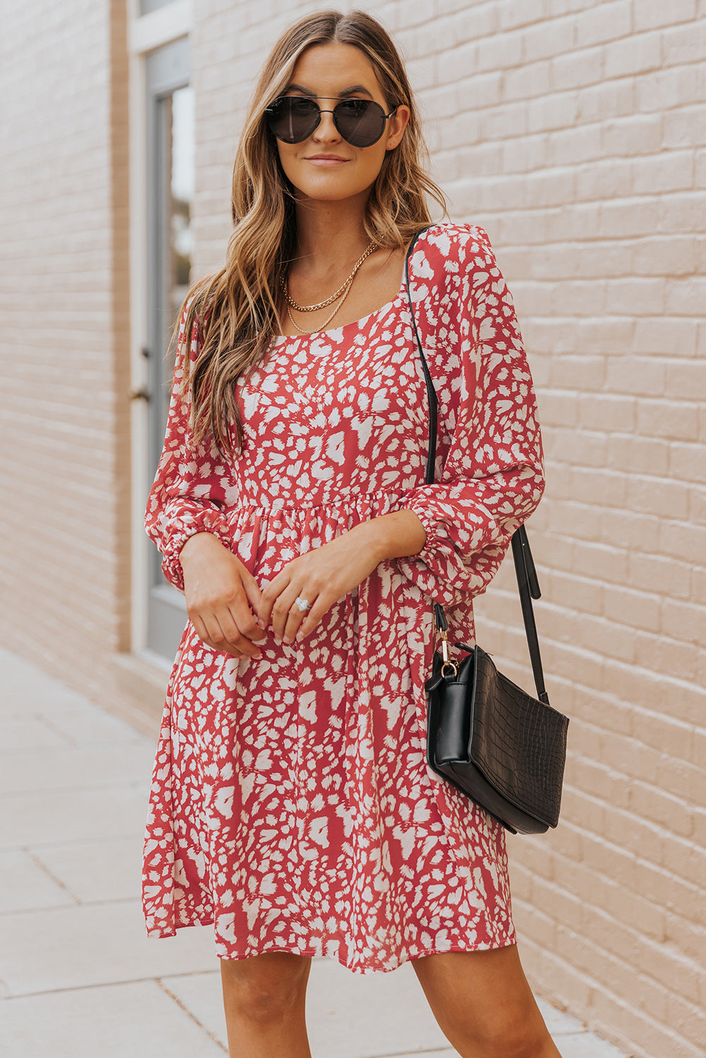 Animal Print Square Neck Balloon Sleeve Dress