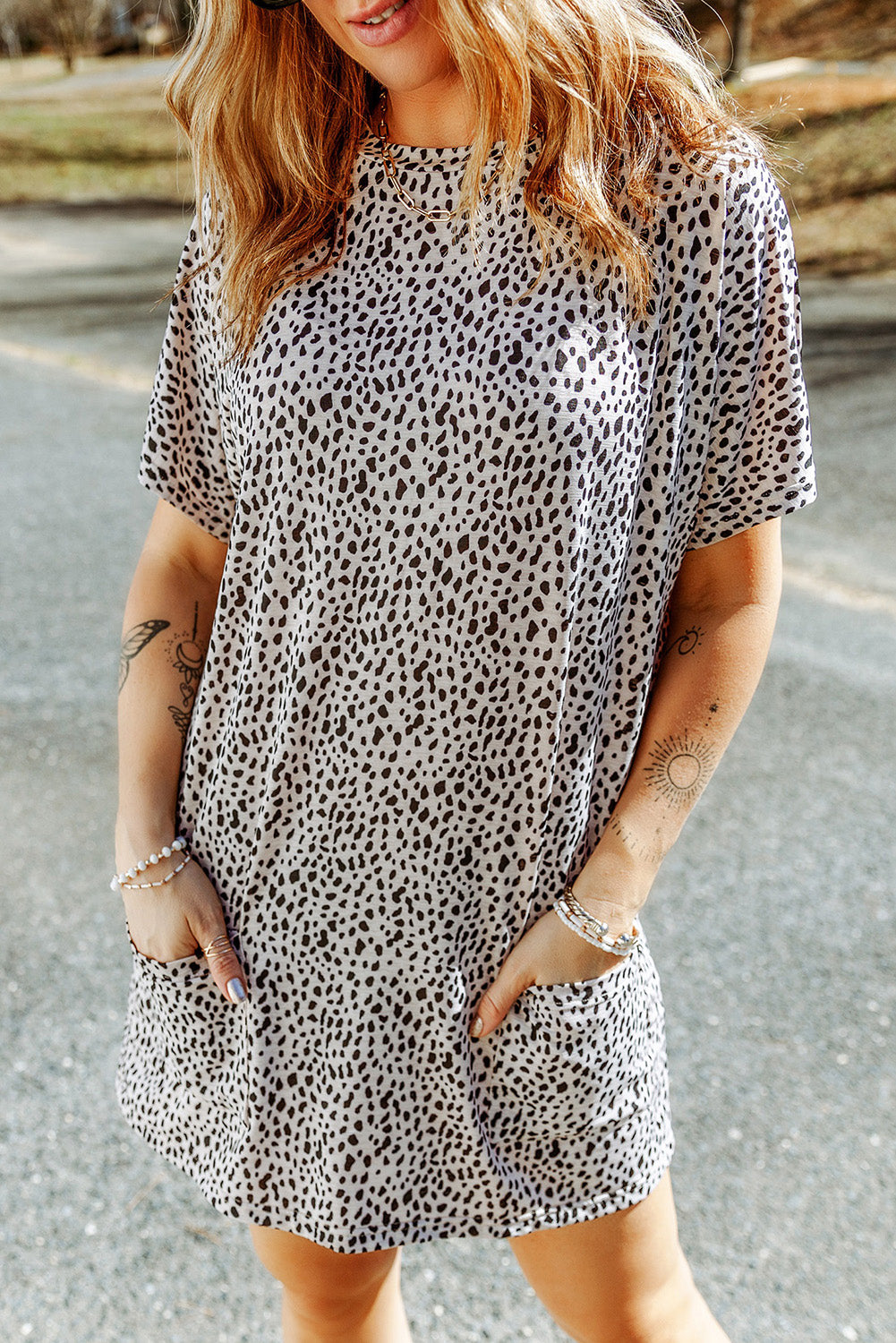 Animal Print Round Neck Tunic Tee with Pockets