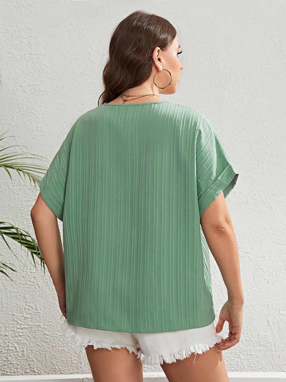 Curves Buttoned V-Neck Short Sleeve Top