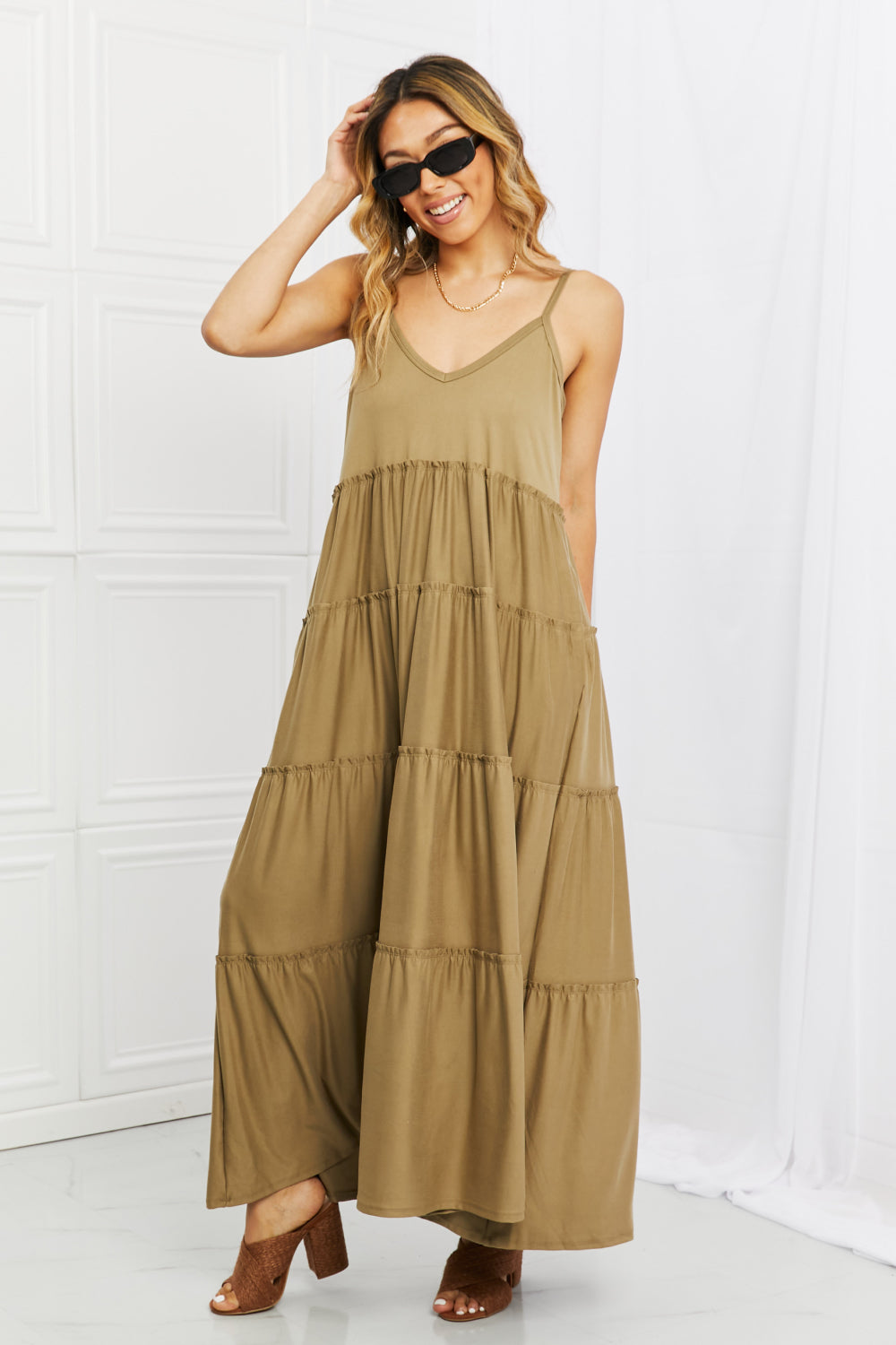 Tiered Dress with Pockets in Khaki