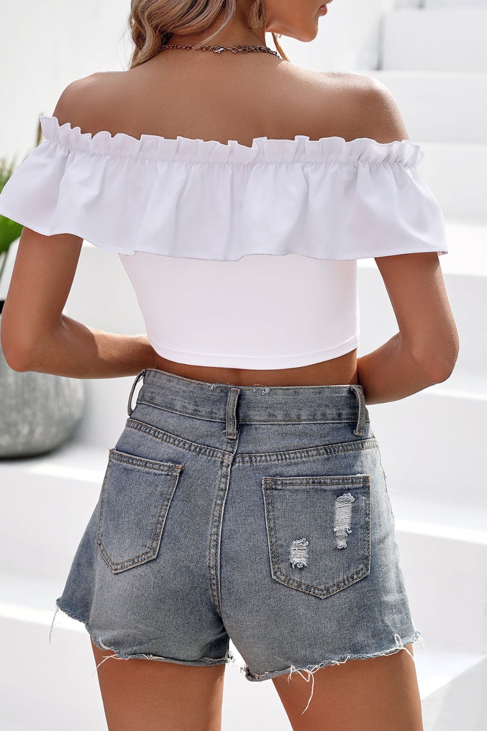 Watermelon Crawl Off-Shoulder Ruffled Cropped Top