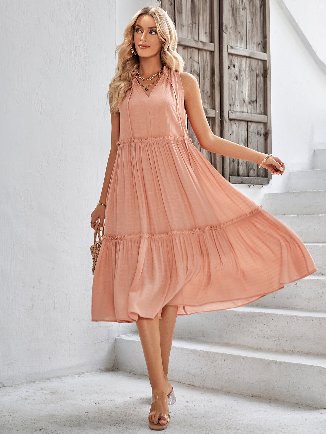 Tie Neck Frill Trim Sleeveless Dress