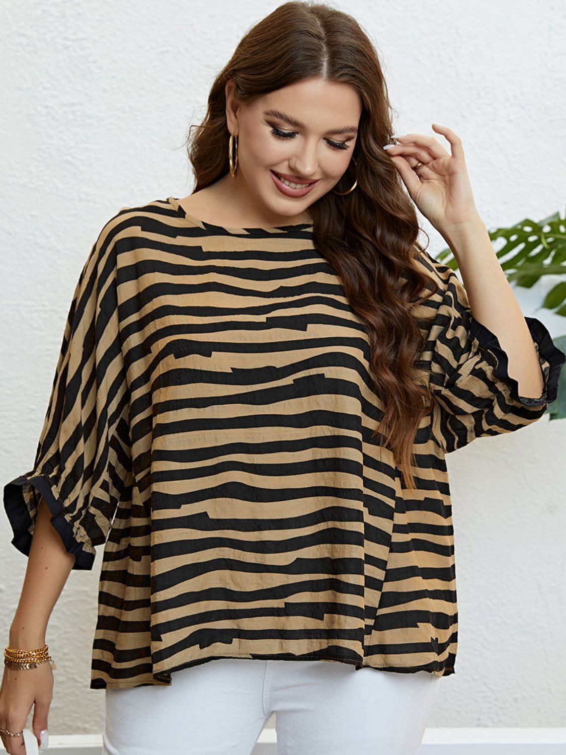 Curves Striped Three-Quarter Sleeve Boat Neck Top