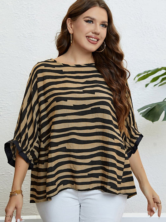 Curves Striped Three-Quarter Sleeve Boat Neck Top