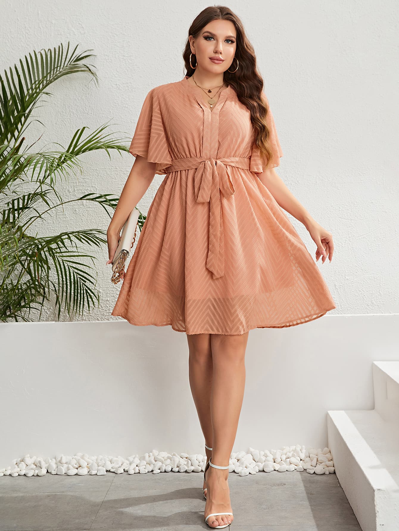 Curves Tie Waist Notched Neck Flutter Sleeve Dress