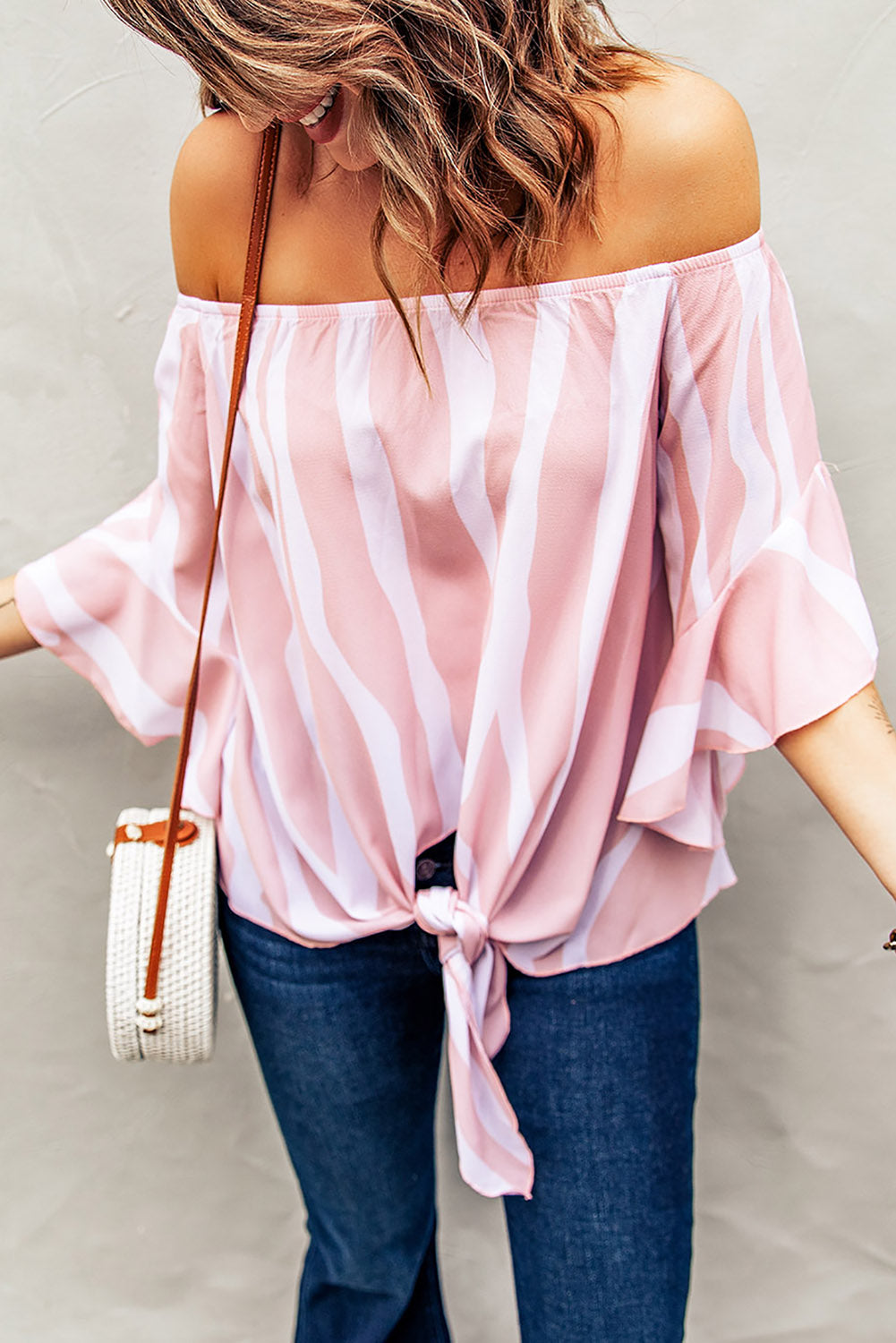 Pink Lines Flounce Sleeve Blouse