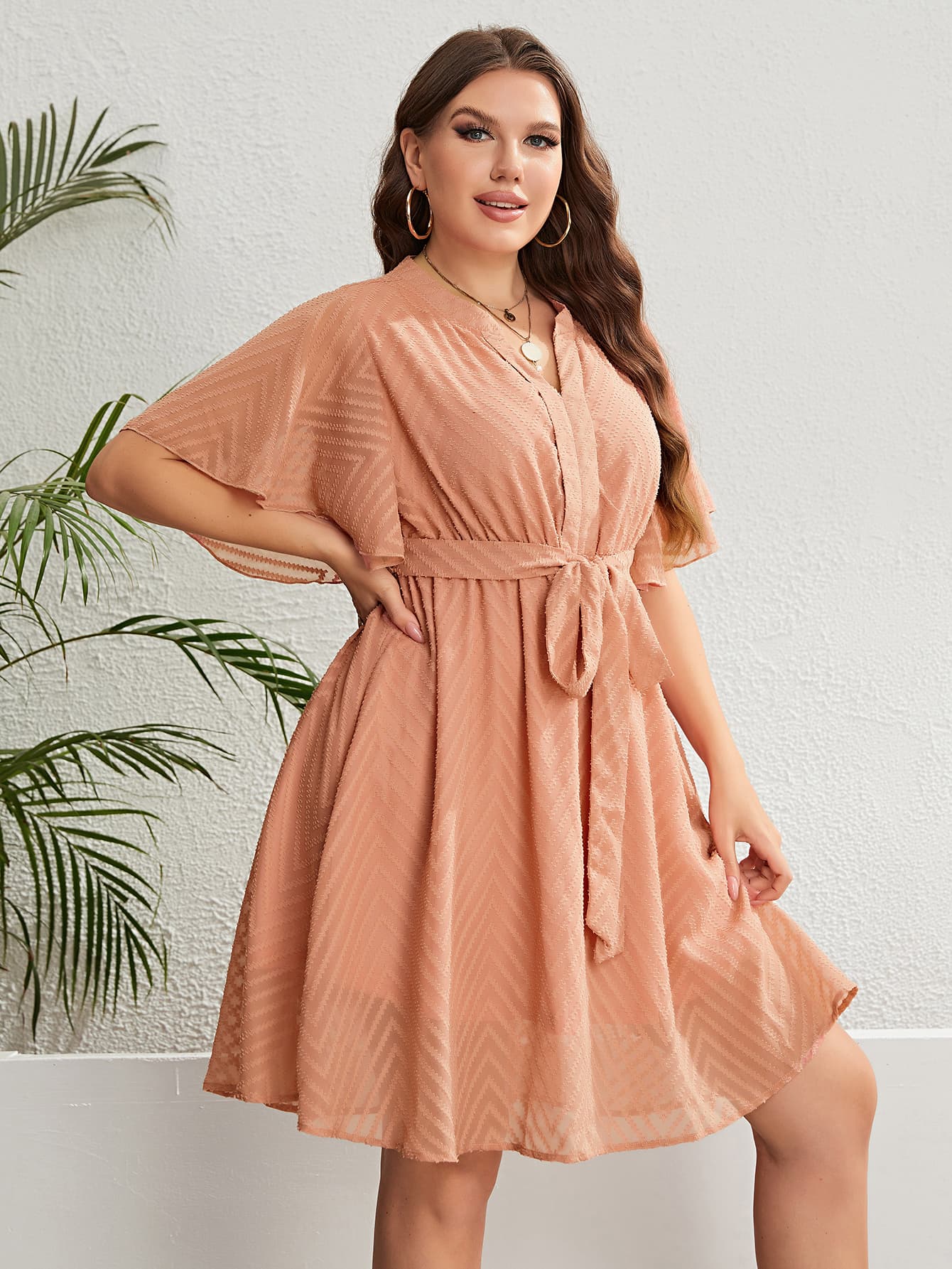 Curves Tie Waist Notched Neck Flutter Sleeve Dress