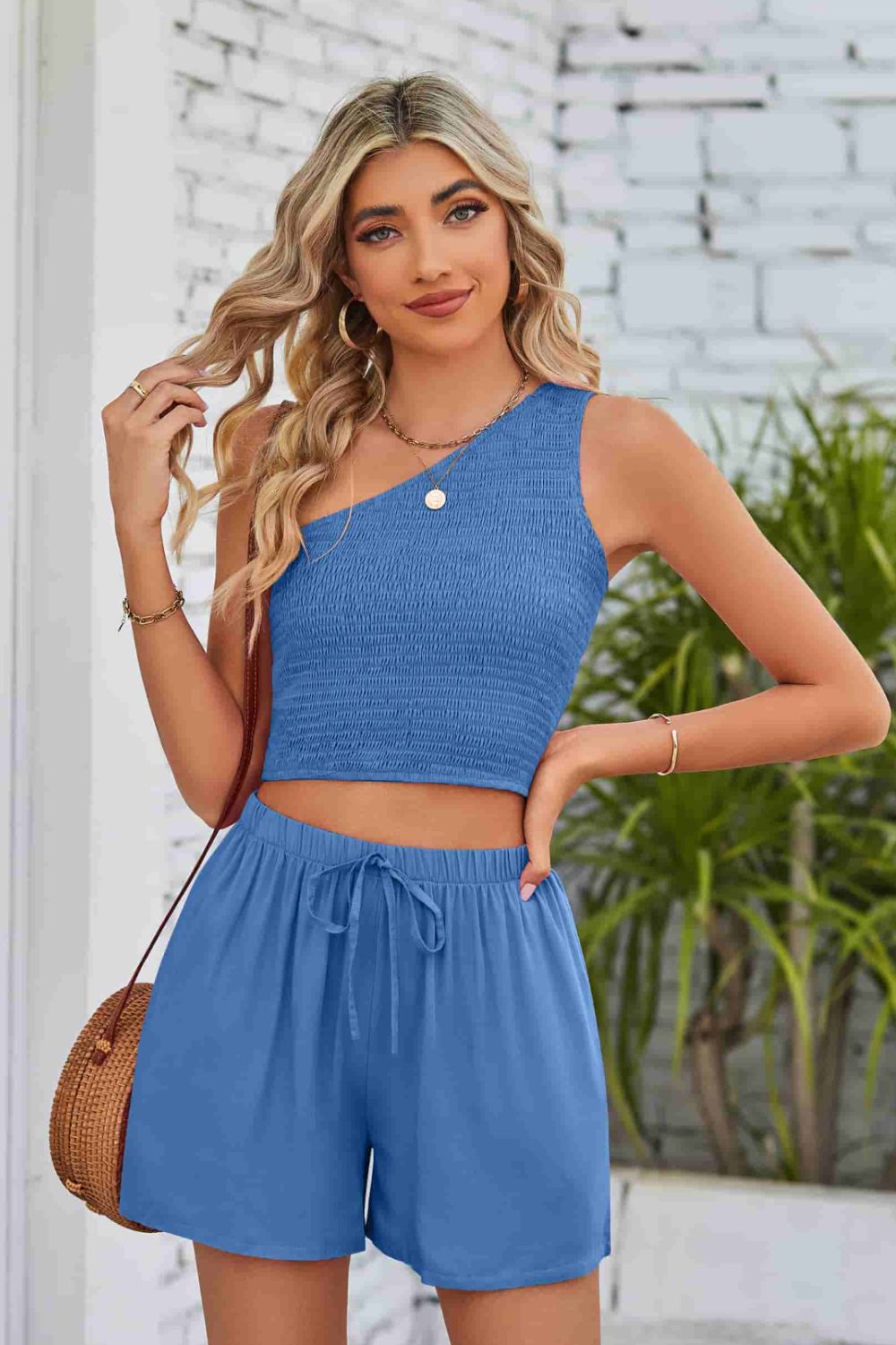 Smocked One-Shoulder Sleeveless Top and Shorts Set