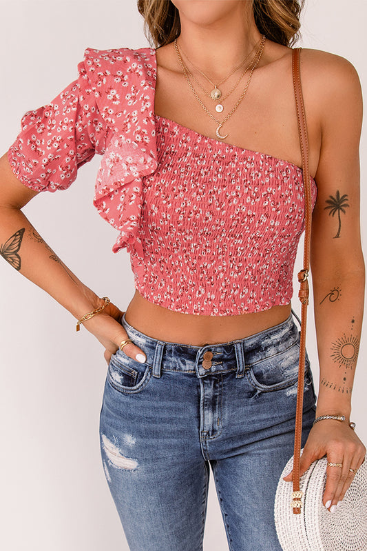 Floral Ruffled One-Shoulder Smocked Top