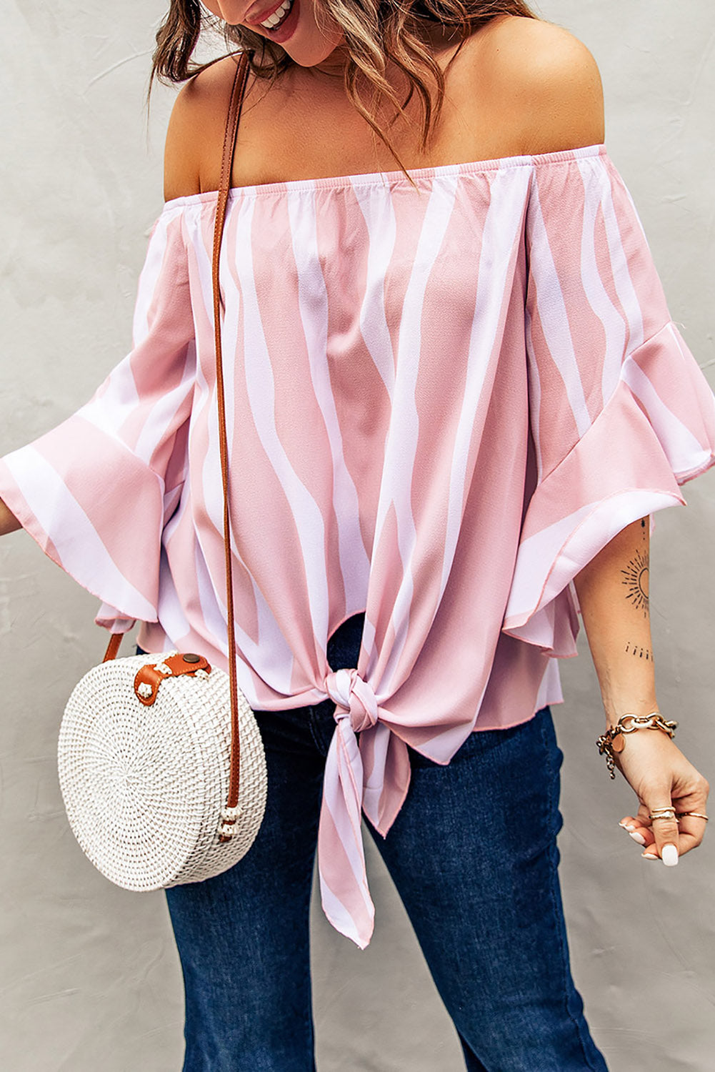 Pink Lines Flounce Sleeve Blouse