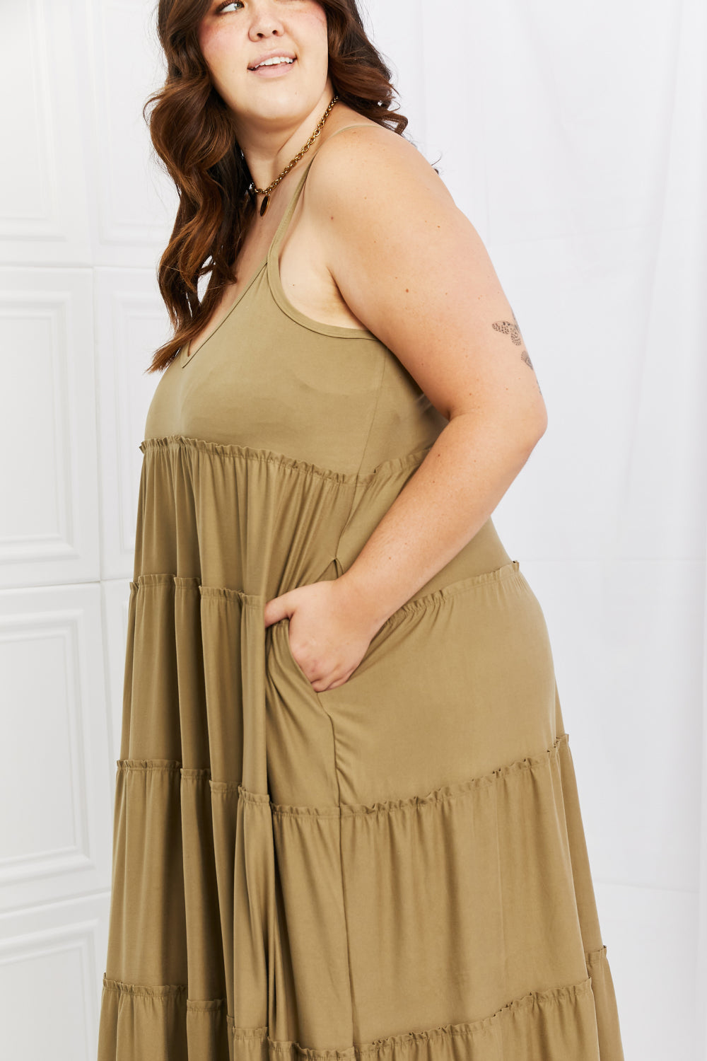 Tiered Dress with Pockets in Khaki